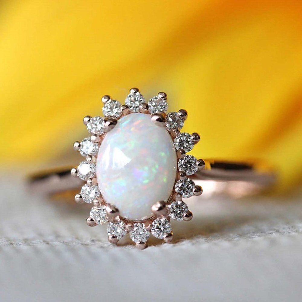 Victoria Opal & Topaz Ring 18 Rose Gold on Pure Copper.  4-claw Settings.